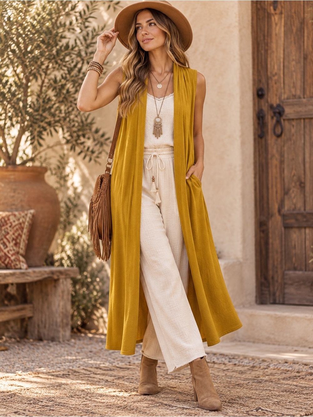 Mustard Yellow Long Sleeveless Duster Vest Open Front